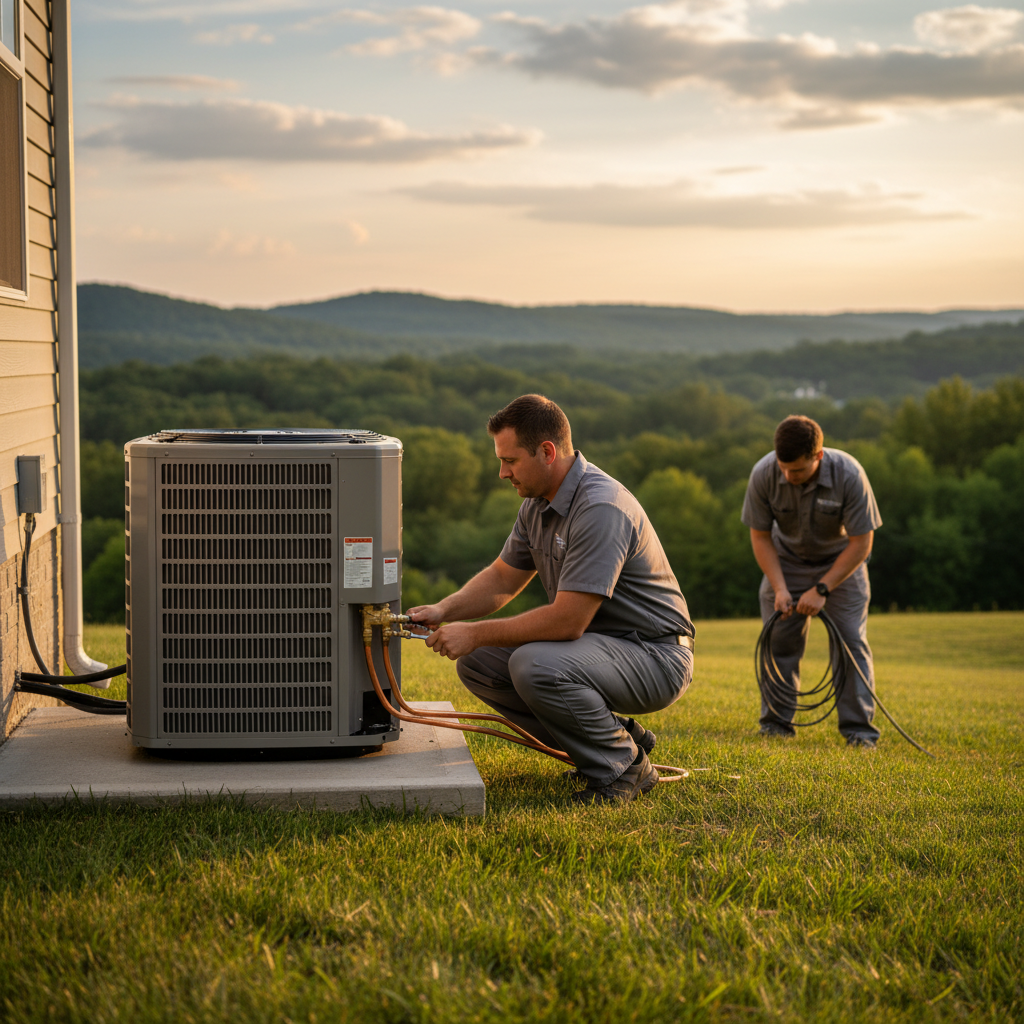 ThermoSTAT Heating and Cooling technician installing a new air conditioner unit in Campbell County, TN.