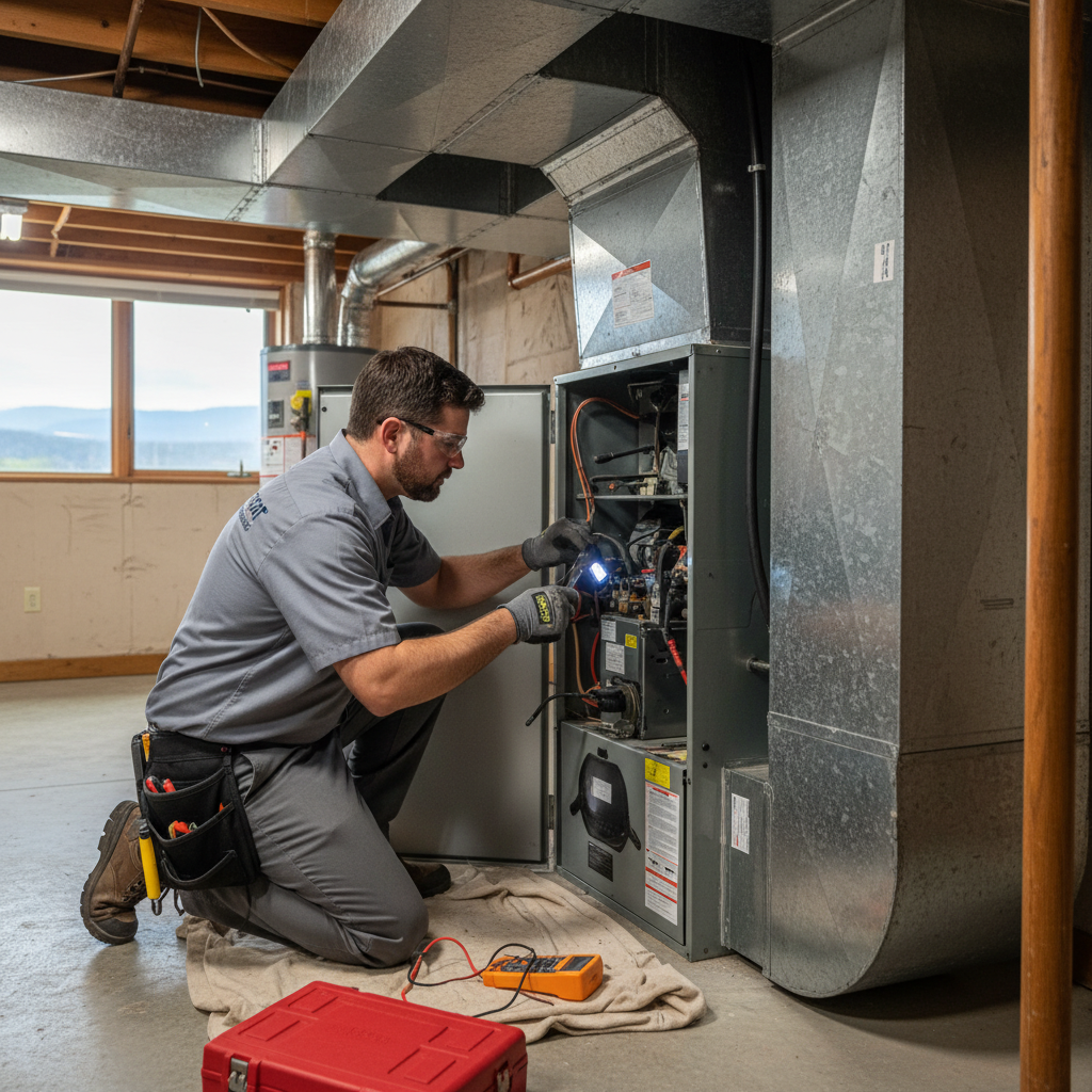 ThermoSTAT Heating and Cooling technician performing furnace repair in a Jacksboro, Campbell County TN home.