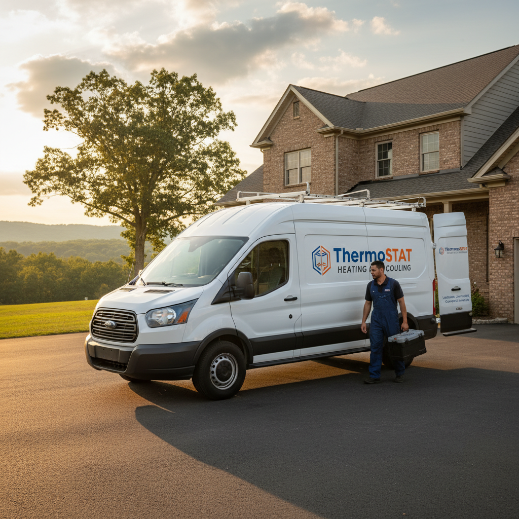 ThermoSTAT Heating and Cooling van parked in front of a home in Caryville, TN, ready for service.