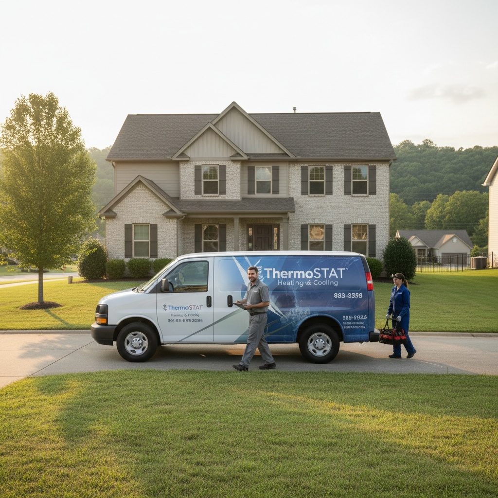 ThermoSTAT Heating and Cooling van parked outside a home in Jacksboro, TN, ready for service.