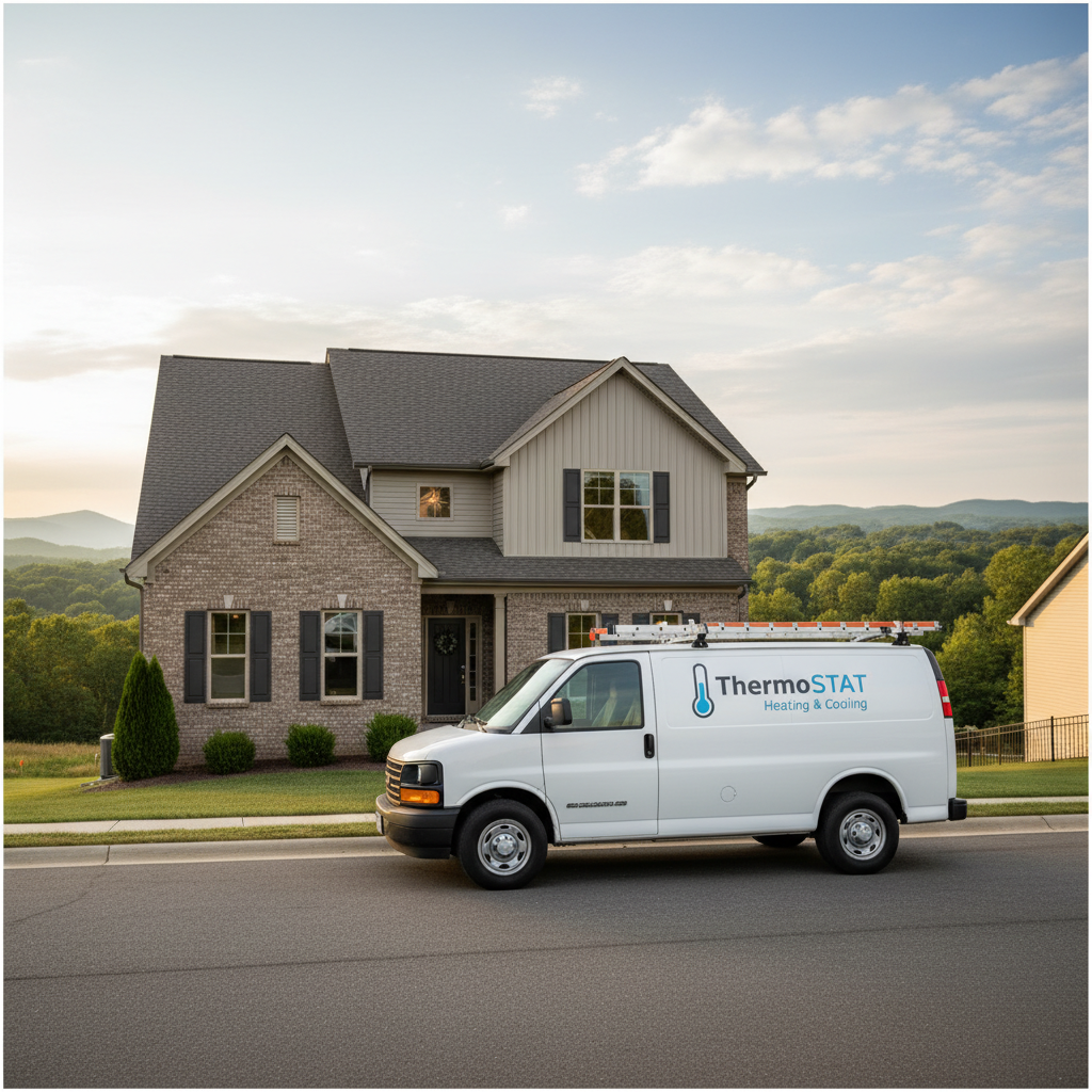 ThermoSTAT Heating and Cooling van parked outside a home in Caryville, TN, ready for service.
