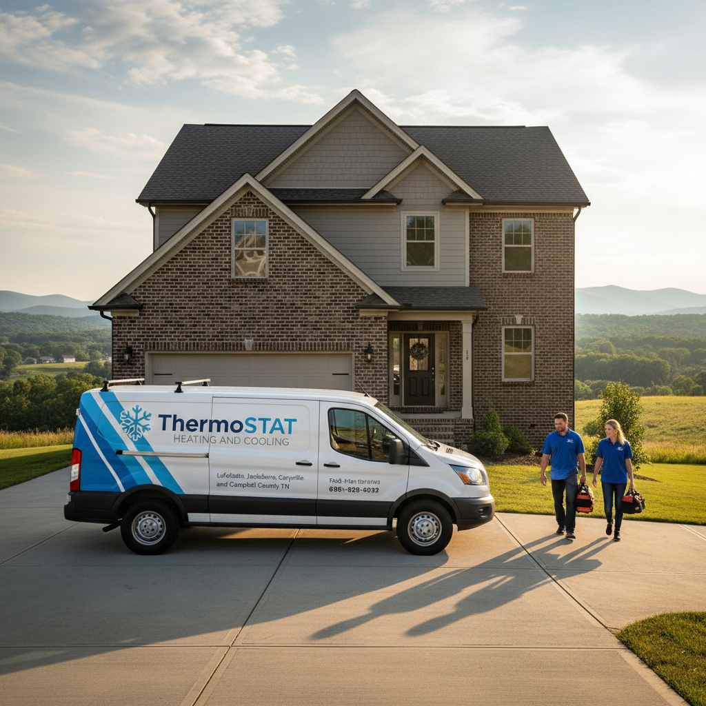 ThermoSTAT Heating and Cooling van parked outside a home in Jacksboro, TN, ready for service.
