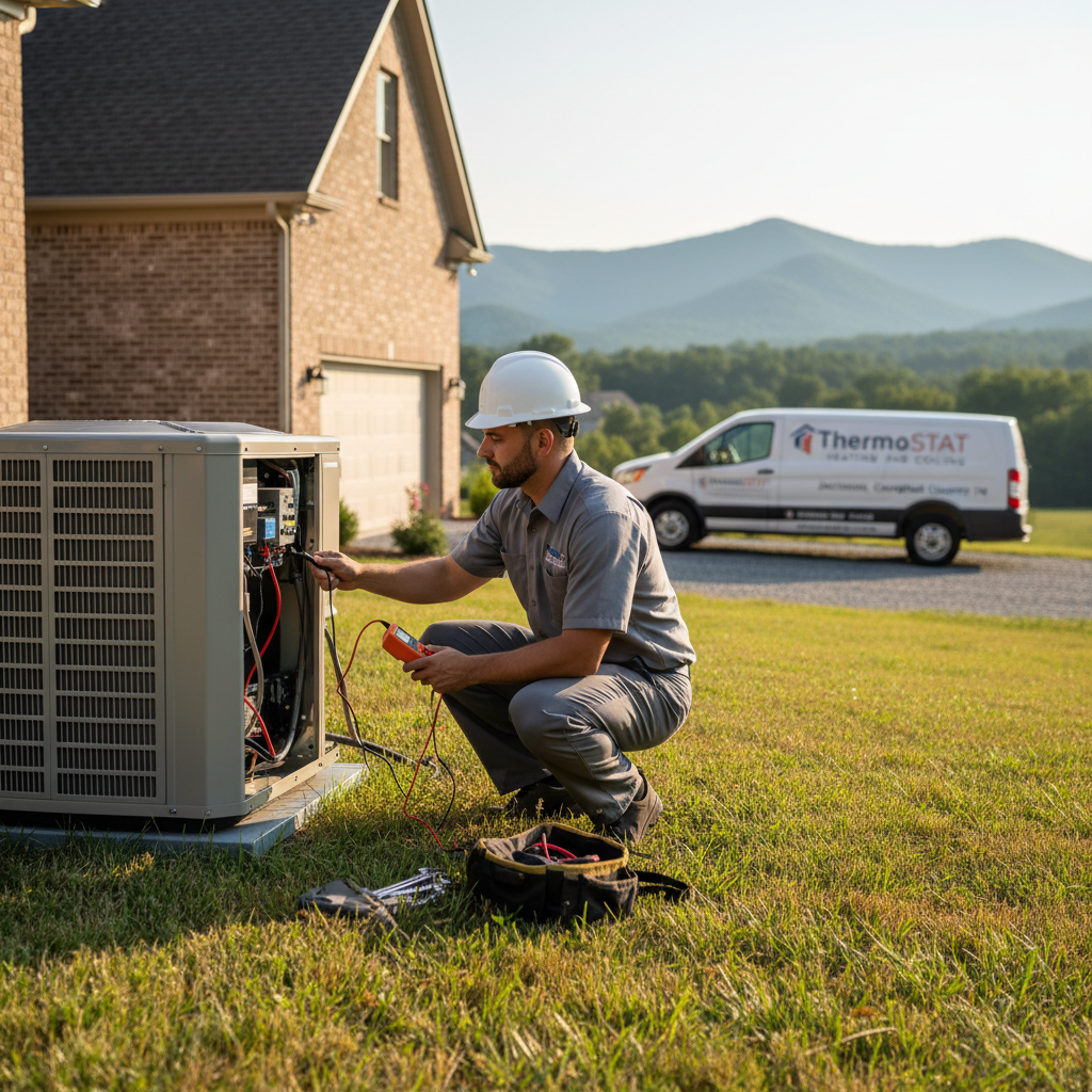 ThermoSTAT technician inspecting an outdoor AC unit in Jacksboro, TN, providing cooling maintenance.