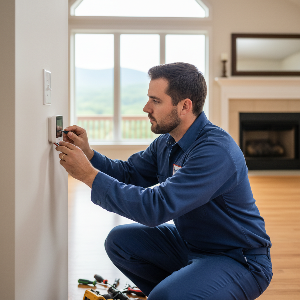 ThermoSTAT technician installing a new thermostat in a Caryville, TN, Campbell County home.