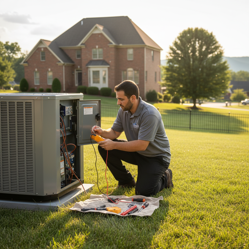 ThermoSTAT technician performing AC repair on a residential unit in Caryville, Campbell County, TN.