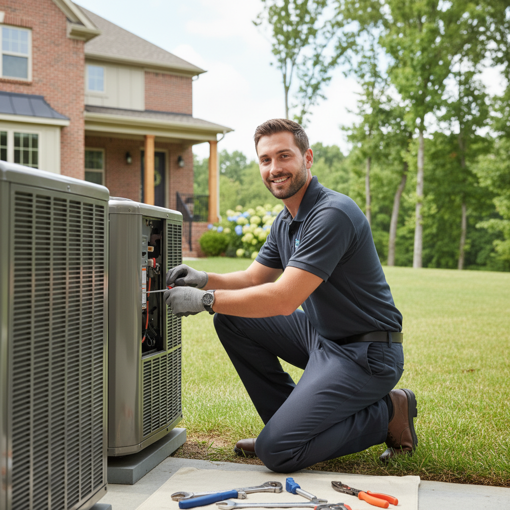ThermoSTAT technician performing AC repair on an outdoor unit in Jacksboro, Campbell County, TN.
