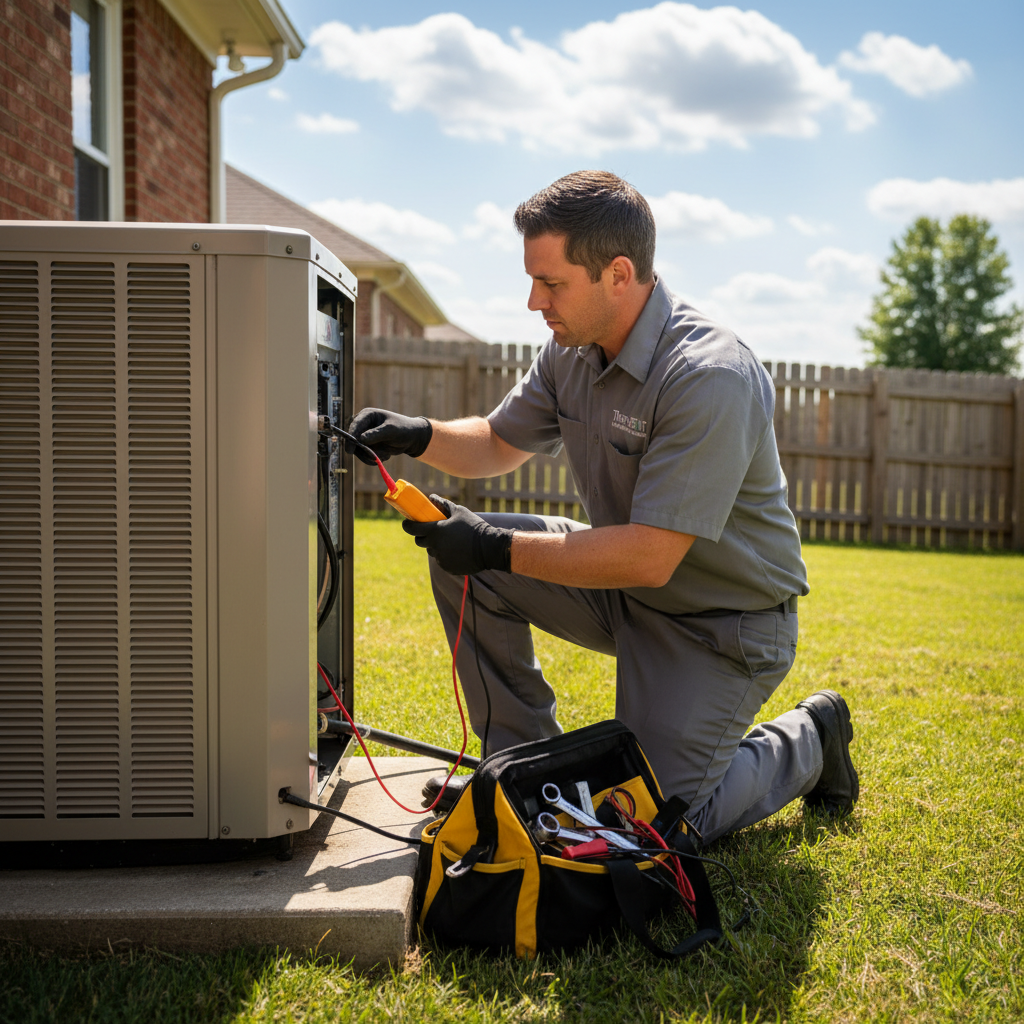 ThermoSTAT technician performing AC repair on an outdoor unit in a sunny LaFollette, Jacksboro, or Caryville TN backyard.