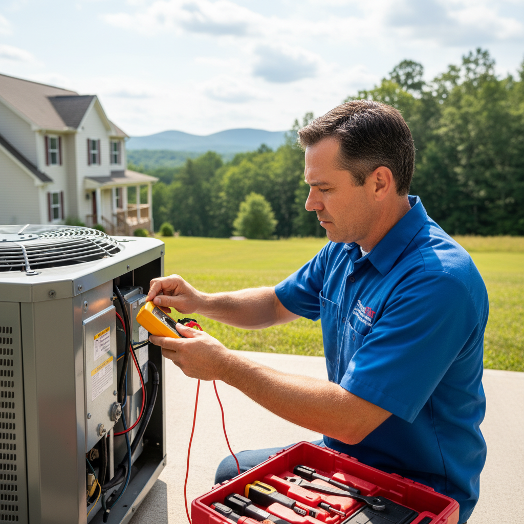 ThermoSTAT technician performing AC repair service on a residential unit in Jacksboro, TN.