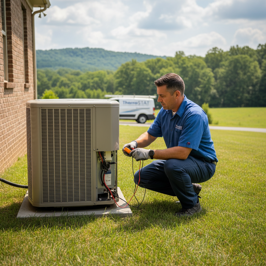 ThermoSTAT technician performing AC repair service on an outdoor unit in Campbell County, TN.