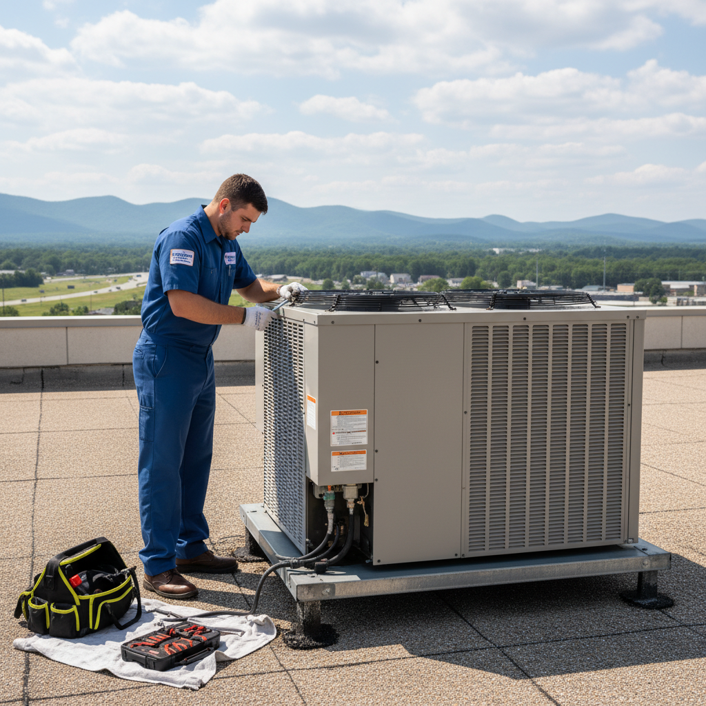ThermoSTAT technician performing routine maintenance on a commercial HVAC system in Caryville, TN.
