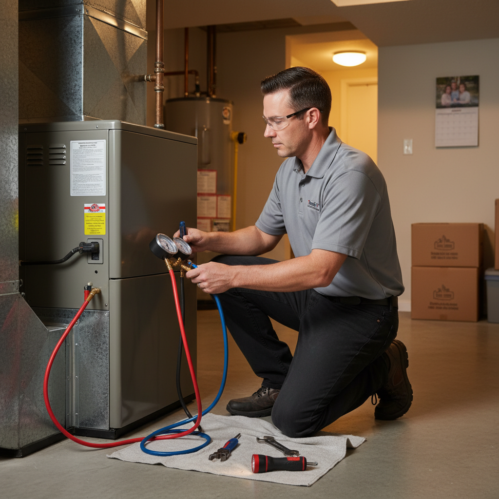 ThermoSTAT technician servicing a furnace in a Jacksboro, TN home, ensuring reliable heating.